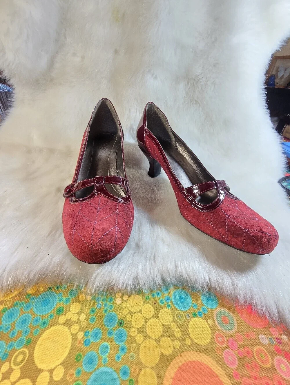 Franco Sarto Burgundy Suede & Patent Mary Jane Kitten Heels  Dress Pumps